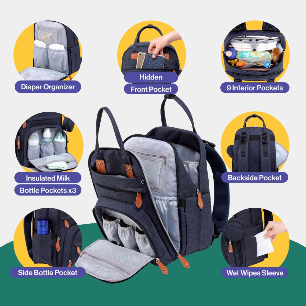 BabbleRoo Diaper Bag Backpack - Baby Essentials Travel Tote - Multi Function Water Resistant Diaper Bag, Travel Essentials Baby