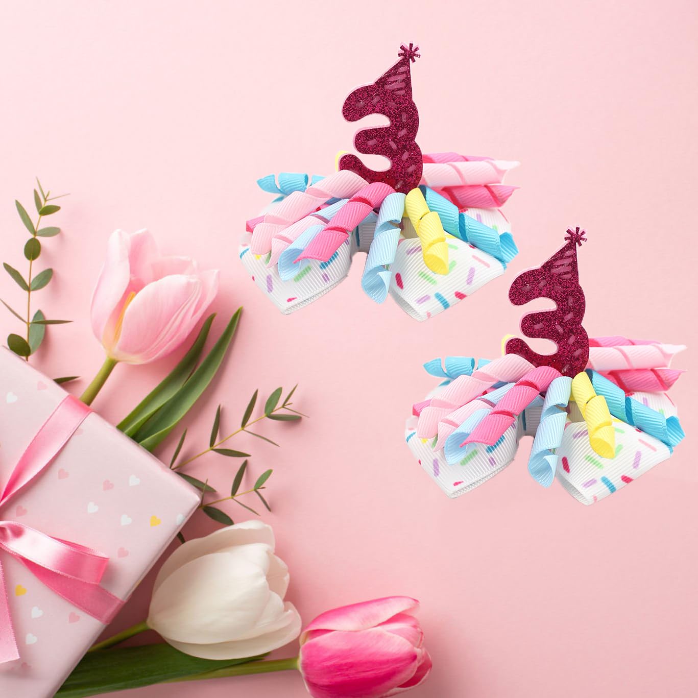 Birthday Hair Clips For Baby Girls - 2Pc Curly Ribbon With Deep Red Number Bow Hair Clips For 3Rd Birthday Baby Bow Party Decora