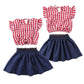 Boizonty Toddler Baby Girl Red Plaid Outfits Ruffled Sleeve Crop Top Shirts With Bowknot+Denim Skirt Dress Summer Clothes Set (P