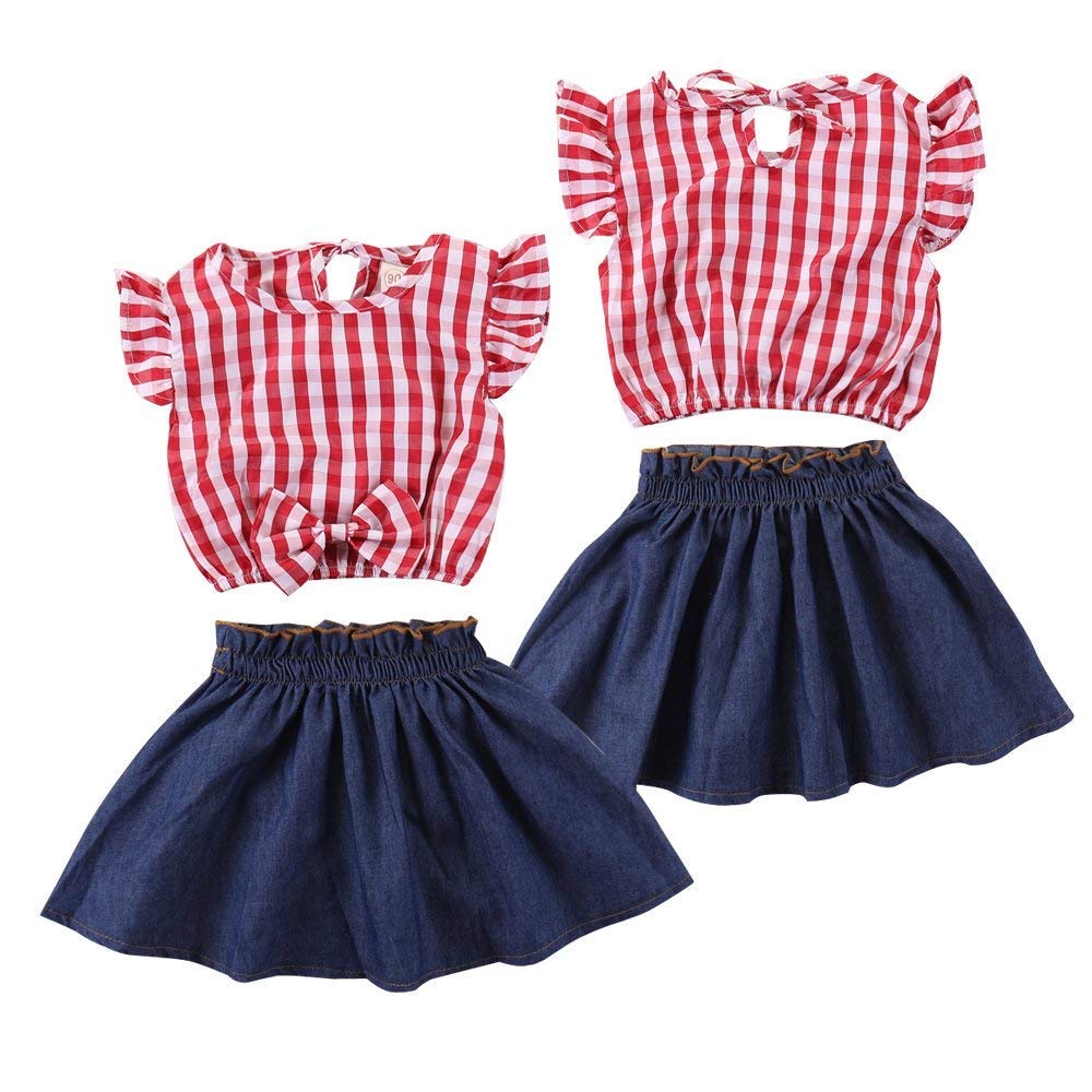 Toddler Baby Girl Red Plaid Outfits Ruffled Sleeve Crop Top Shirts With Bowknot+Denim Skirt Dress Summer Clothes Set (Plaid, 1-2