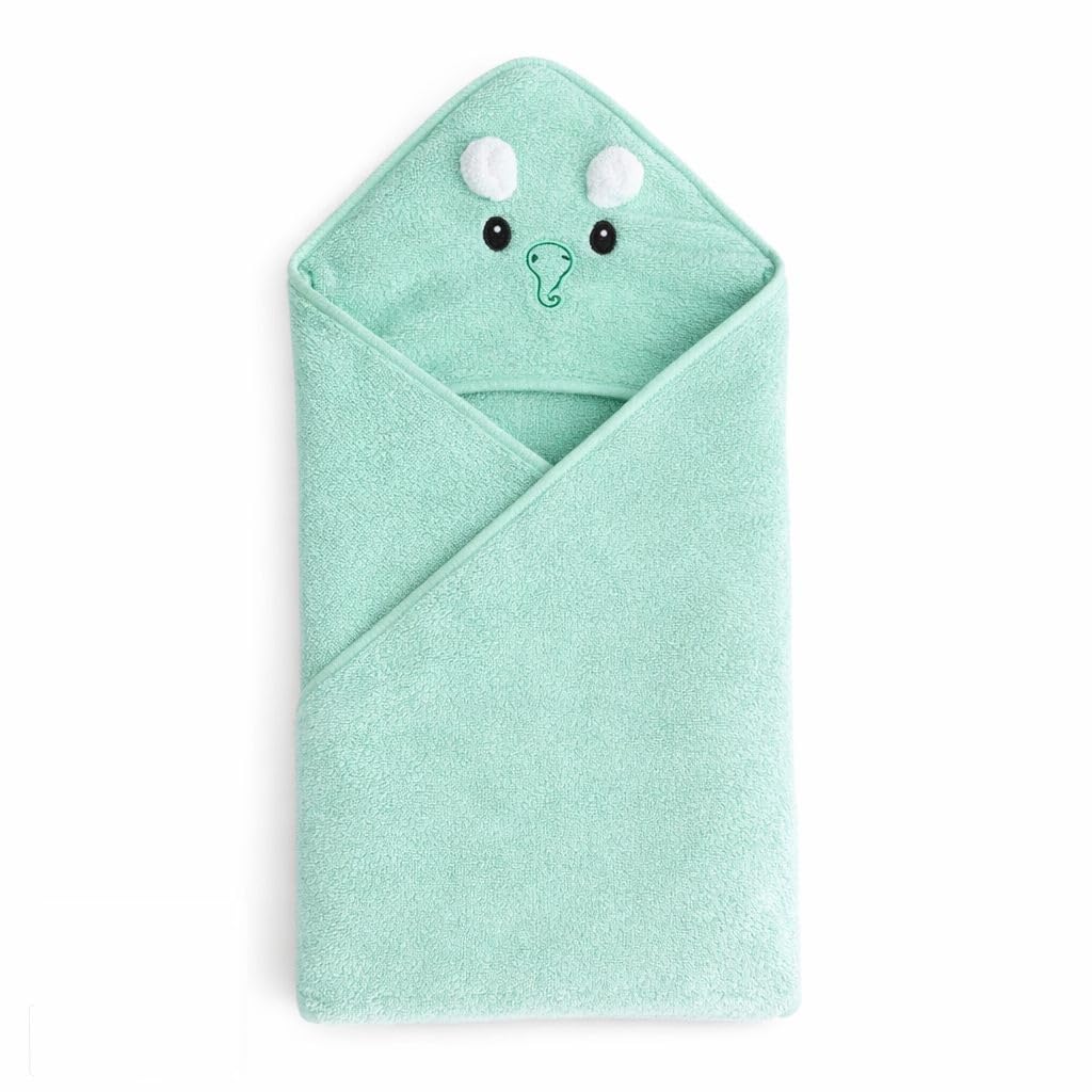 Hi mom Kids World Baby Hooded Bath Towel, Blue, Cotton Terry, Bear Design with Embroidered Face and Pompom Ears (Green, 80X80)