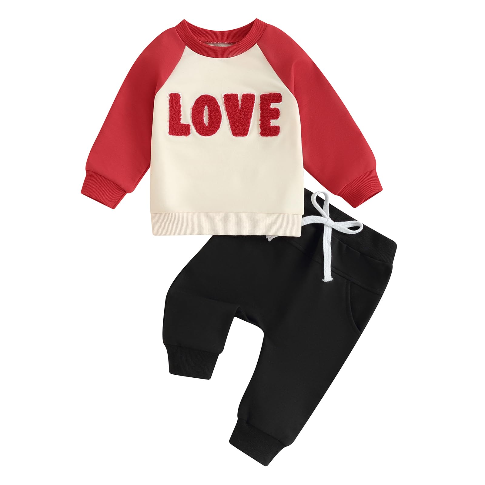 LAGKIYOJ Toddler Baby Boy Girl Valentines Day Outfit Letter Embroidery Sweatshirt Top Pants Kids Infant Fall Winter Clothes (Apr