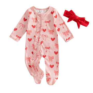 Ayalinggo Valentines Baby Girl Outfit Bowknot Heart Footie Romper Long Sleeve Onesie Newborn Christmas Clothes (Pink Heart, 12-1