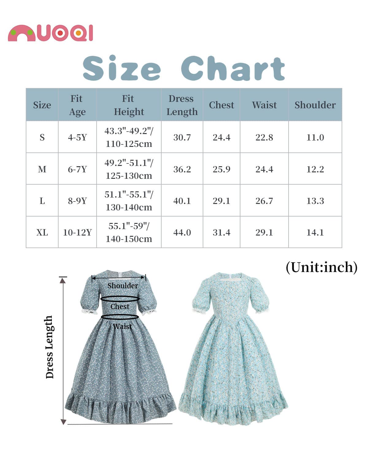 Nuoqi Pioneer Dresses For Girls Prairie Girl Dress Colonial Girl Costume 10-12 Light Blue