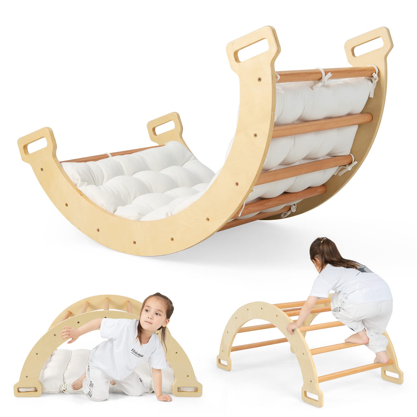 Costzon Climbing Toys For Toddlers, 2-In-1 Montessori Wooden Arch Climber Ladder Structure With Cozy Cushion, Children Indoor Ou