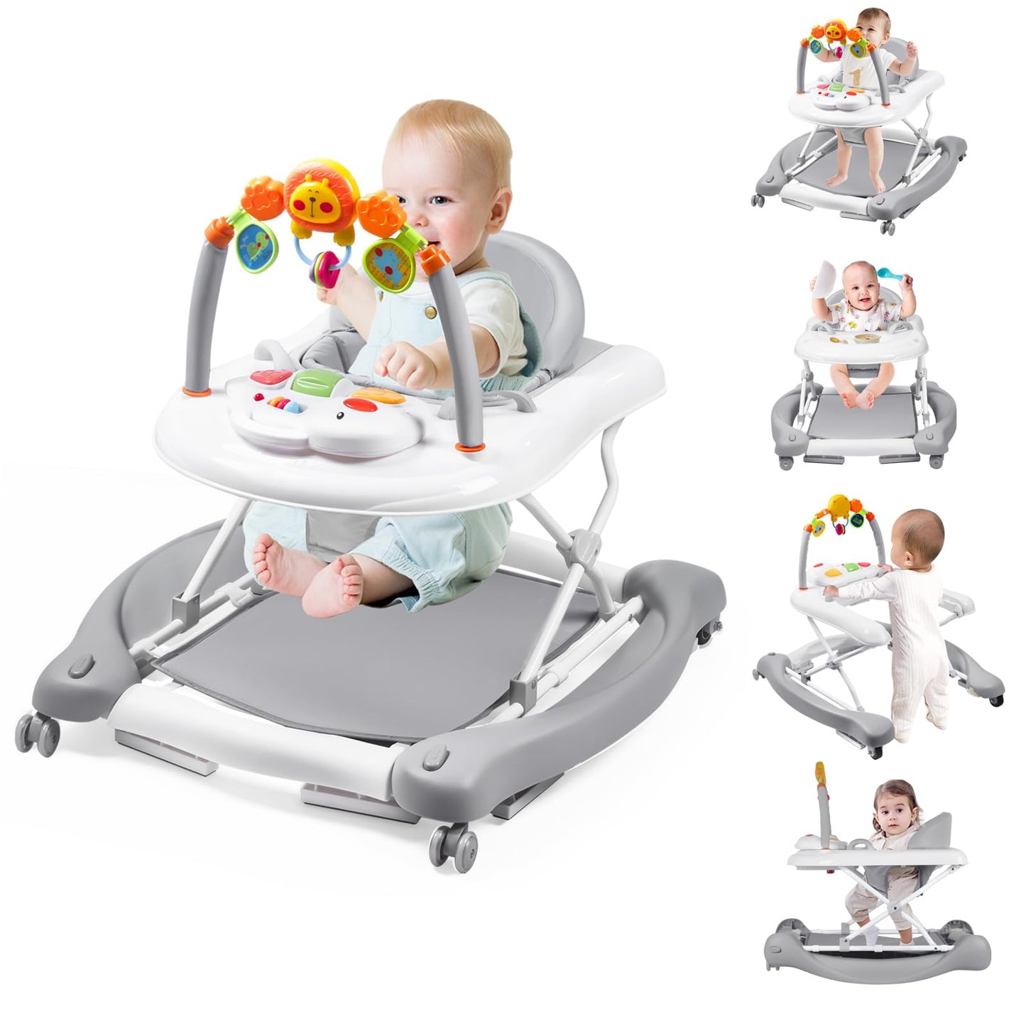 Boyro Baby Baby Walker, 5-In-1 Baby Walkers For Boys And Girls 6-12 Months With Bouncer, Removable Footrest, Feeding Tray & Musi