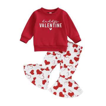 Iddolaka Toddler Baby Girls Valentines Day Outfits Long Sleeve Letter Sweatshirt Shirt Heart Flared Pants Spring Clothes (D-Red,