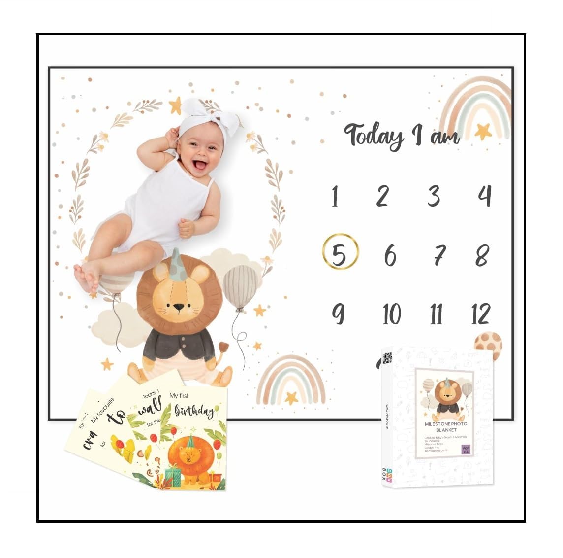 Zooplay India Baby Monthly Milestone Blanket, Large Photography Background with Lion Design, White, 68x46.3 Inches, Includes Acr