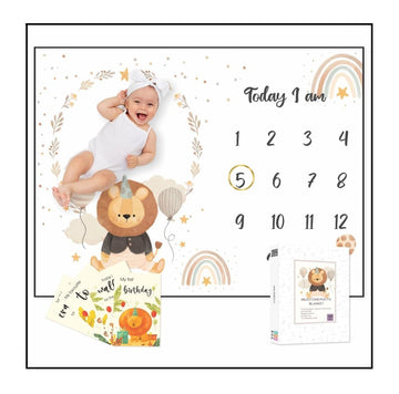 Zooplay India Baby Monthly Milestone Blanket, Large Photography Background with Lion Design, White, 68x46.3 Inches, Includes Acr