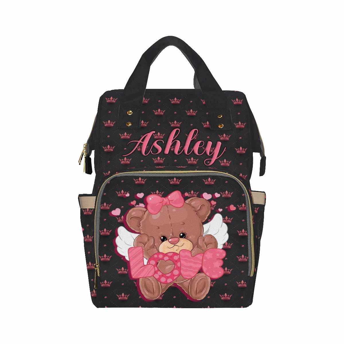 Artsadd Personalized Nappy Bag With Name, Large Capacity Baby Diaper Bags, Custom Pink Crown Daypack Casual Shoulder Bag Diaper