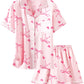 Schbbbta Girls & Womens Silk Pajamas Set, Satin Long Sleeve Nightwear ButtonDown Sleepwear, 3 Years  Women XXL, Heart Bow Pink