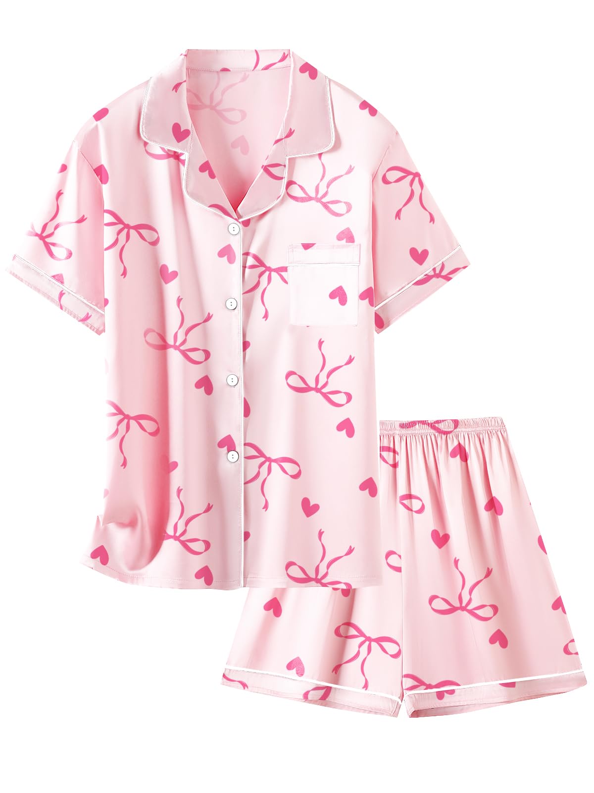 Schbbbta Girls & Womens Silk Pajamas Set, Satin Long Sleeve Nightwear ButtonDown Sleepwear, 3 Years  Women XXL, Heart Bow Pink