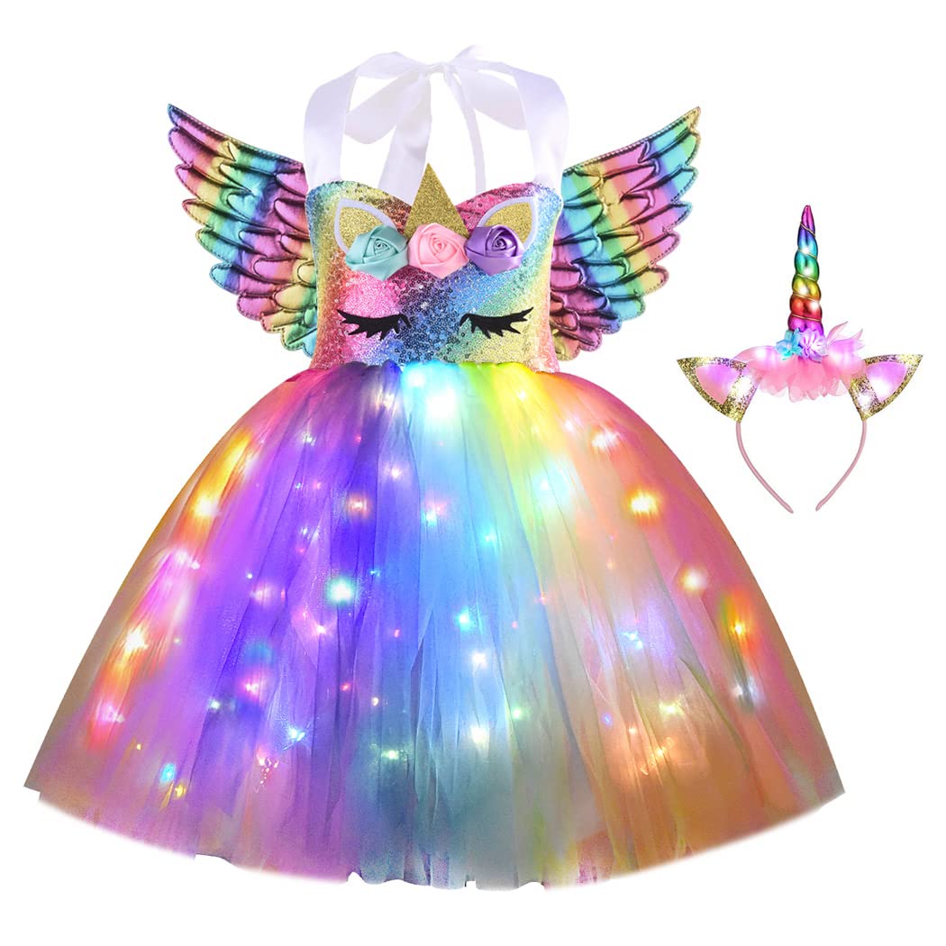 Led Unicorn Costume For Girls, Halloween Dress Up Lighted Sequin Princess Tutus Birthday Decorations Gifts Christmas Party Outfi
