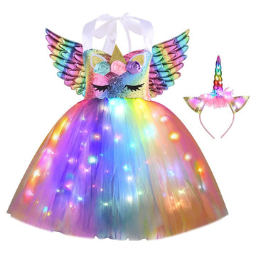 Led Unicorn Costume For Girls, Halloween Dress Up Lighted Sequin Princess Tutus Birthday Decorations Gifts Christmas Party Outfi