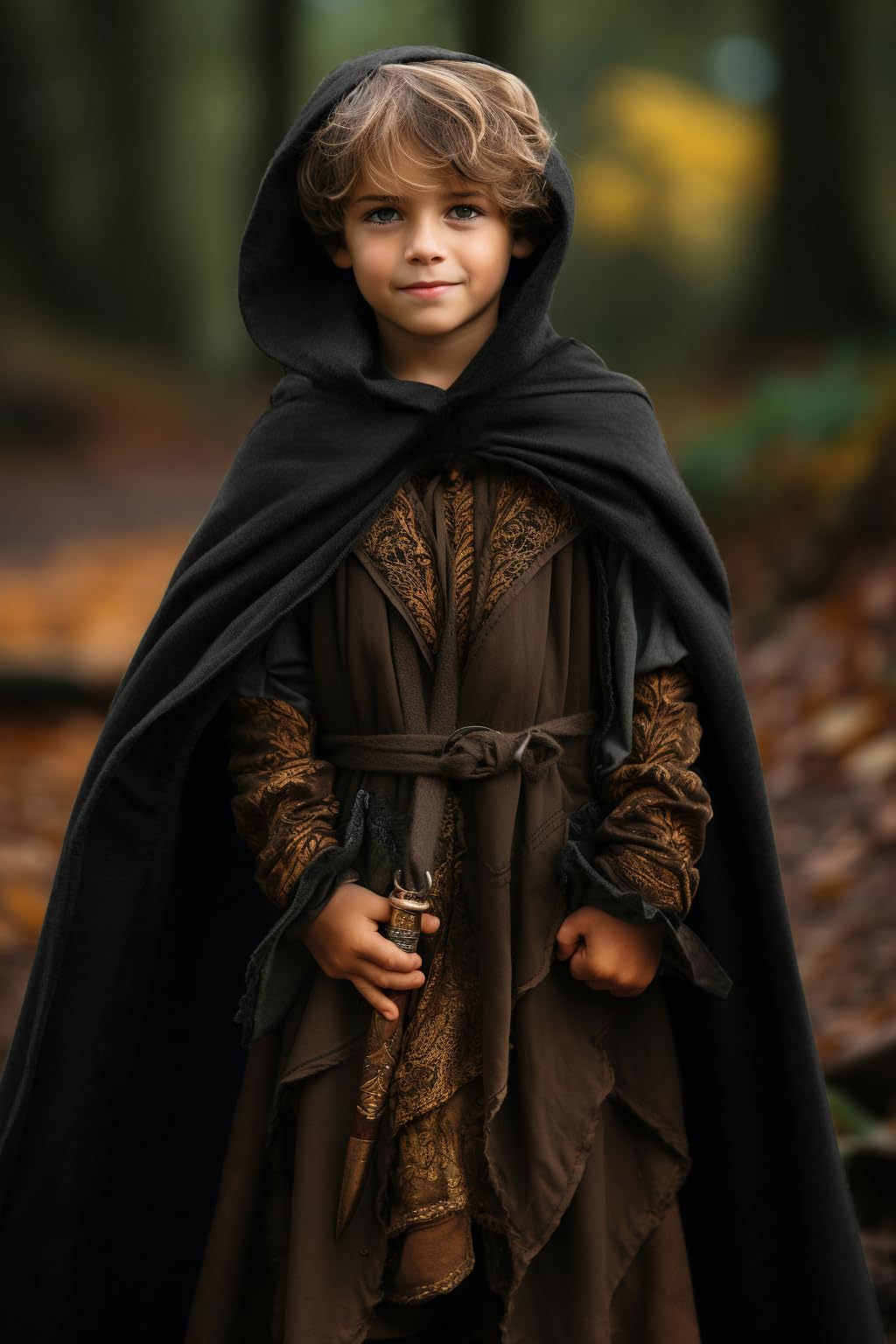 Homelex Black Renaissance Costume For Boys - Kids Medieval Cloak With Hood Halloween Ranger Wizard Elven Hooded Cape Robe