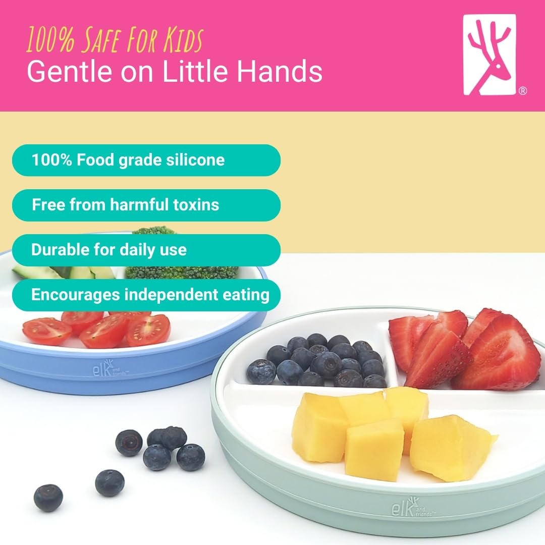 Elk And Friends Kids 6.7    Porcelain White Plates With Silicone Sleeves | Divided Plates | Suitable For Kids/Toddlers | Microwa