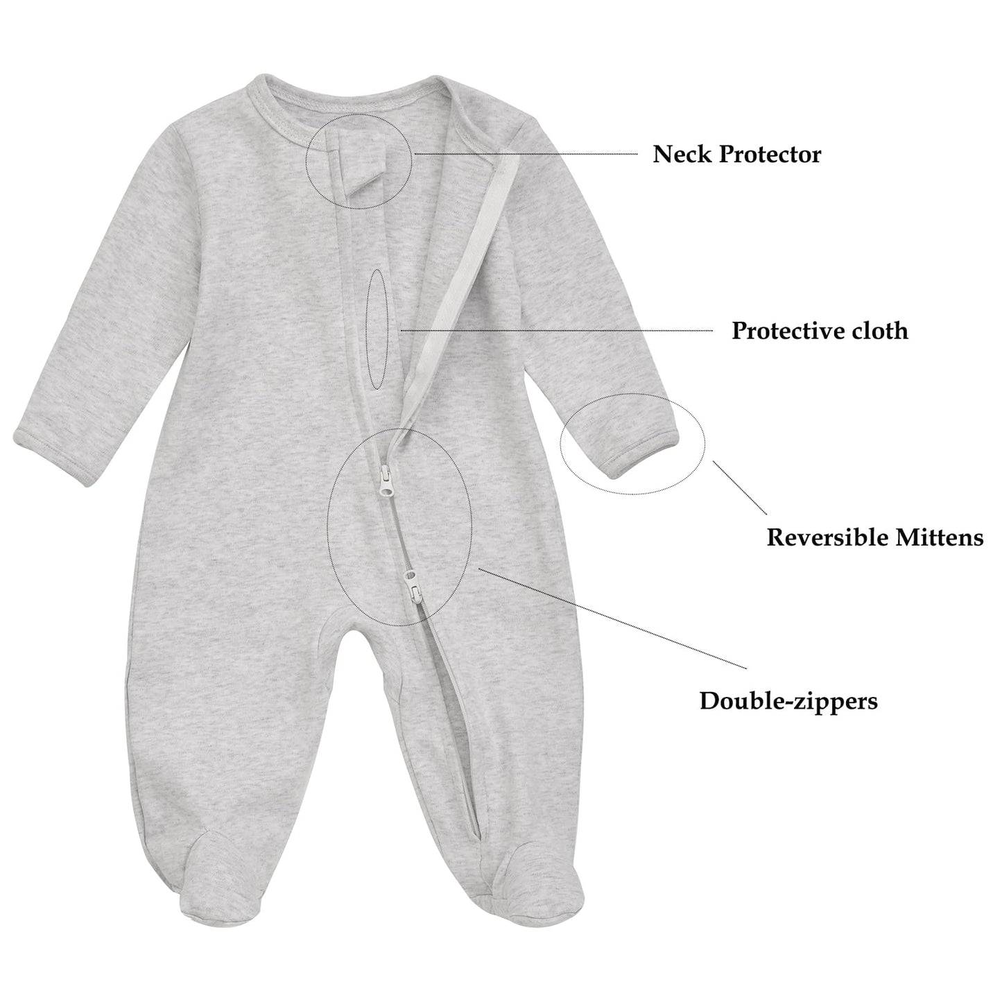 Aablexema Baby Footie Pajama With Mitten Cuffs, Double Zipper Infant Cotton Clothes Sleeper Pjs, Footed Sleep Play(Ivory & Grey