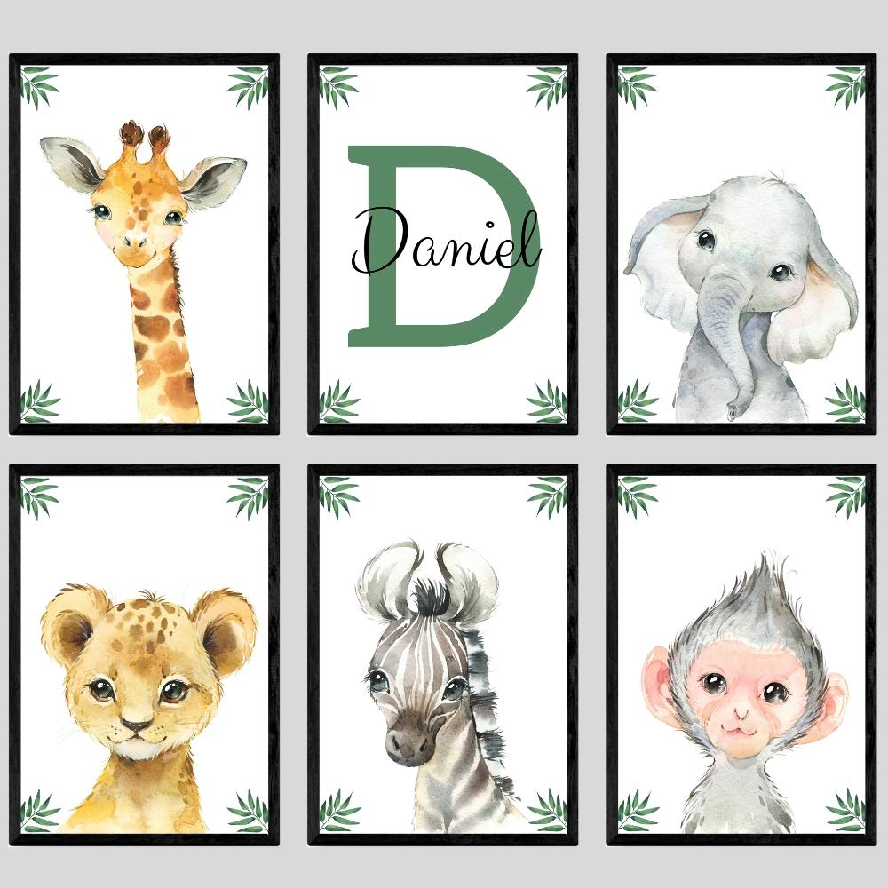 Personalized Safari Animals For Baby Boy Girl Nursery Bedroom Unframed Set Of 6 Poster Prints, Green Jungle Leaves Wall Art Deco
