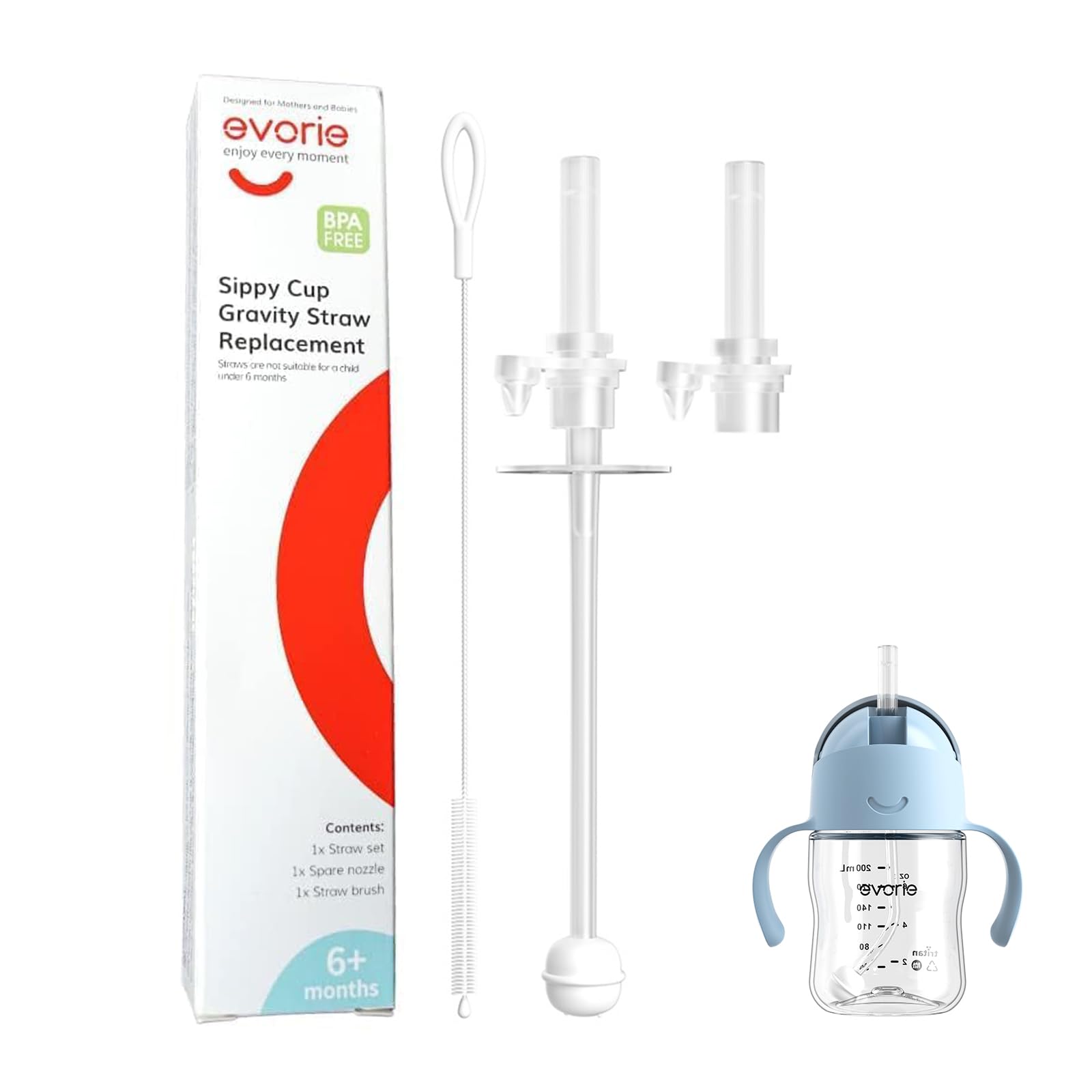Evorie 360 Weighted Straw Replacement for 7 Oz Sippy Cup, Includes Straw Cleaning Brush and Spare Nozzle (Pack of 1)