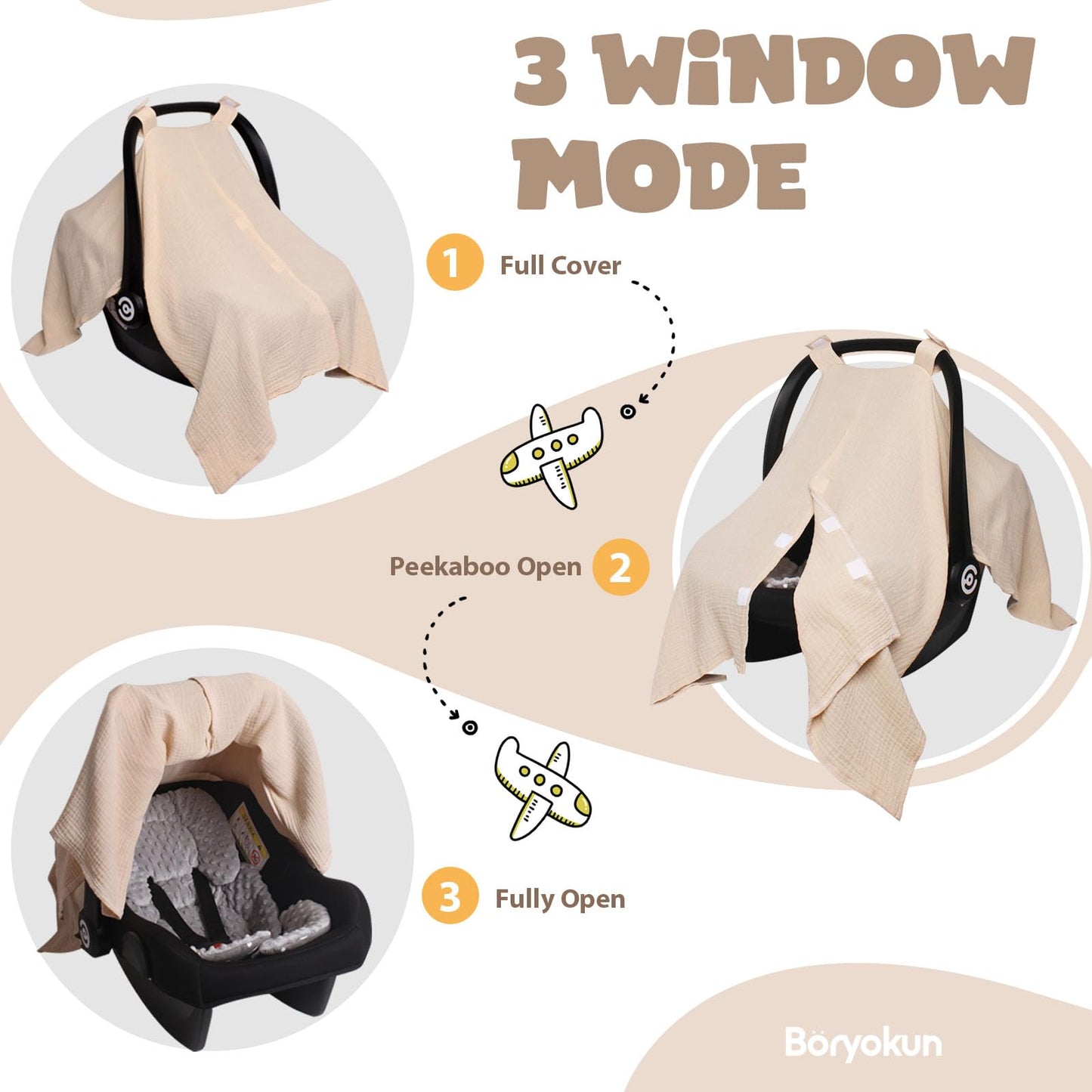 Boryokun Baby Car Seat Cover Muslin Infant Carseat Canopy, Peekaboo Opening Car Seat Covers, Unisex Large Universal Fit Lightwei