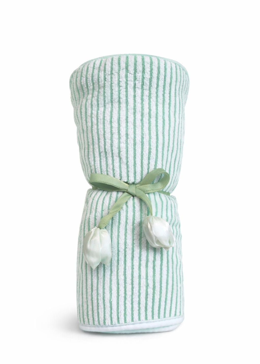 Hi mom Baby Hooded Towel, Soft Striped Texture, with Decorative Floral Ribbon (Green, 60X120)