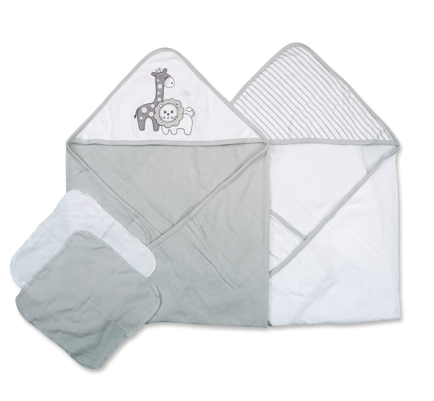 Spasilk Bath Hooded Towels & Washcloths Set for Babies, 2 Hooded Terry Bath Towels & 2 Washcloths, Grey Lion