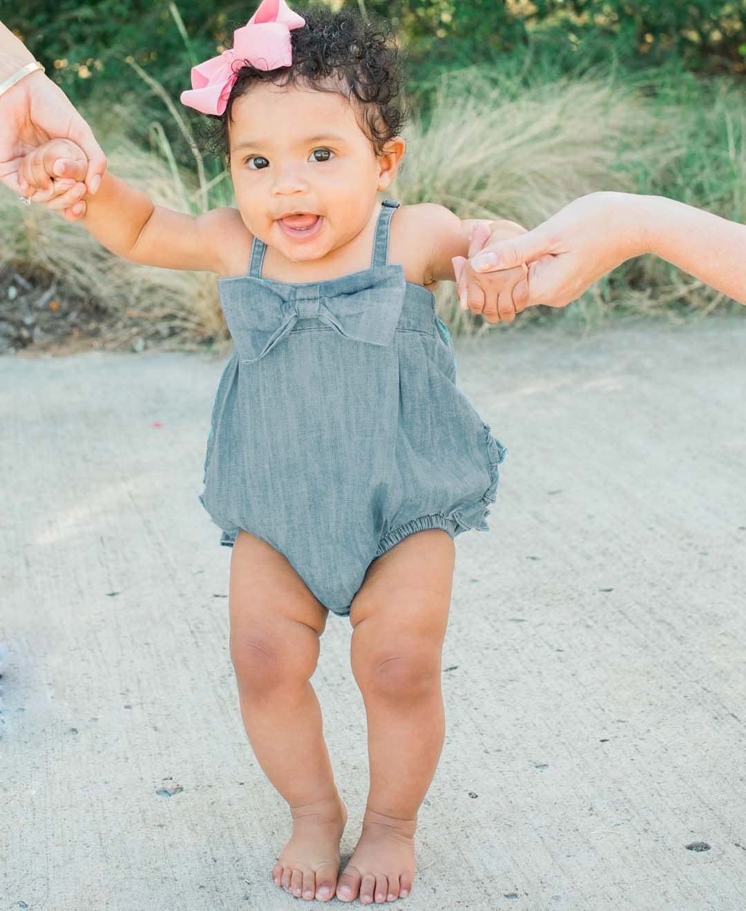 Rufflebutts Baby/Toddler Girls Light Wash Denim Bow-Front Bubble Romper - 3-6M