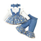 Hopscotch Polyester Girls Floral Print Top Pant Set With Headband In Blue Color For Ages 69 Months