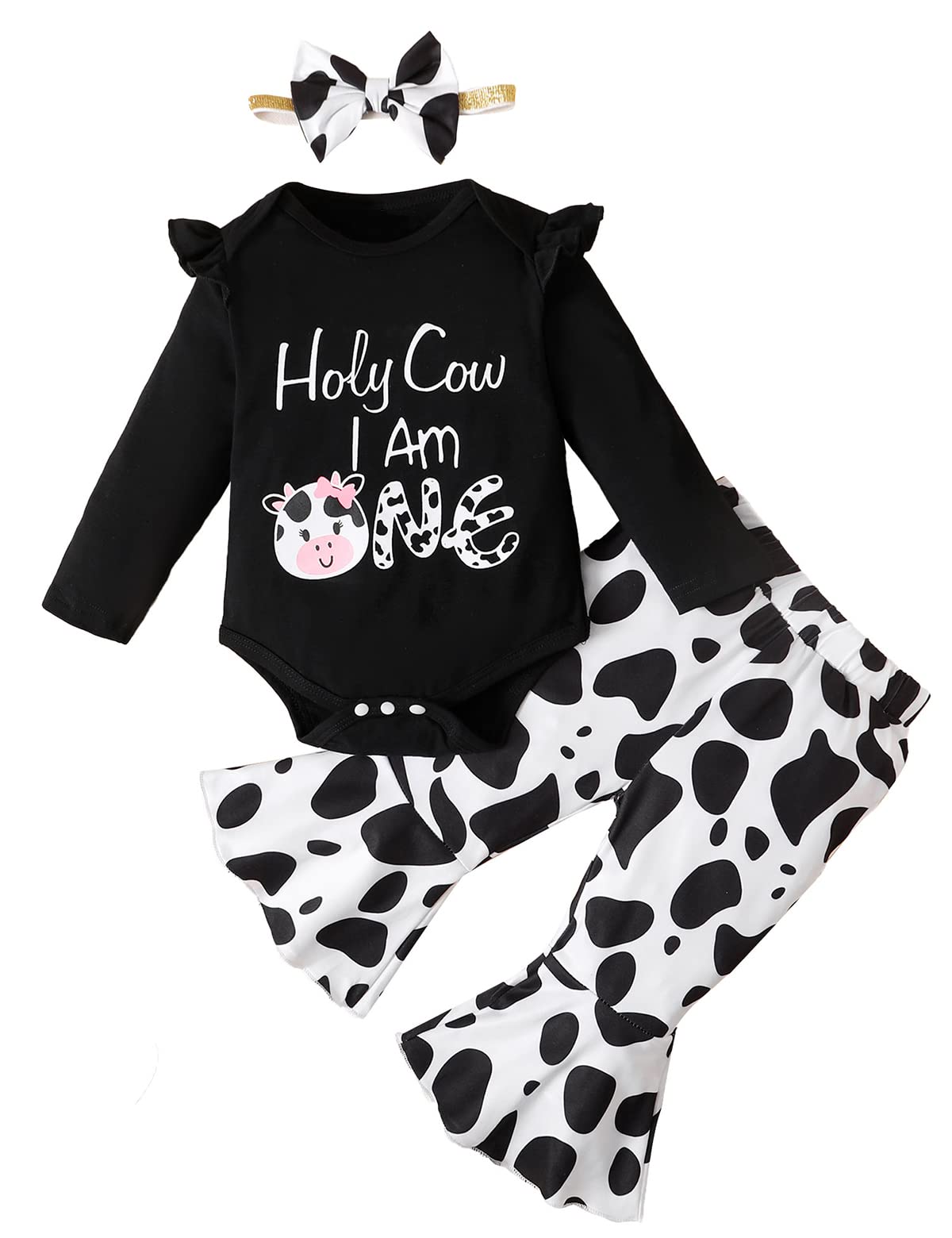 Slanavel Baby Girl First Birthday Outfit 1St Birthday Girl Clothes Holy Cow Im One Birthday Girl Outfit (Black,6-12 Months)