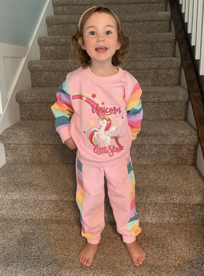 Retsugo Toddler Girls Sweatsuit Kids 2 Piece Outfits Unicorn Sweatshirt Long Sleeve Tops And Sweatpants Outfit Rainbow Outfit Sc