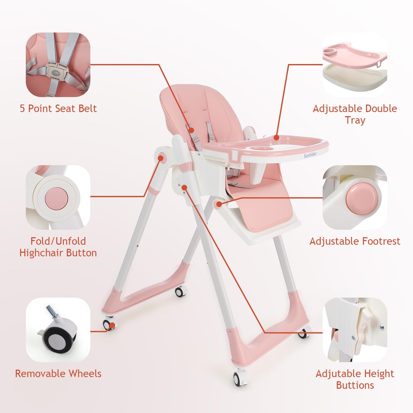 Sunchildor 3 In 1 Baby High Chair With Wheels, Adjustable 5 Point Harness, Tray, Foot Rest, Backrest And Seat Height, Foldable H