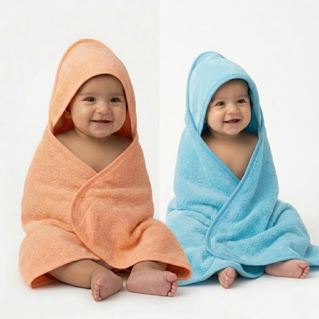 Chitu Trends Baby Hooded Terry Cotton Bath Towel Cum Wrapper Pack of 2 for Boys & Girls | Soft Single Layer Cotton Towel for New