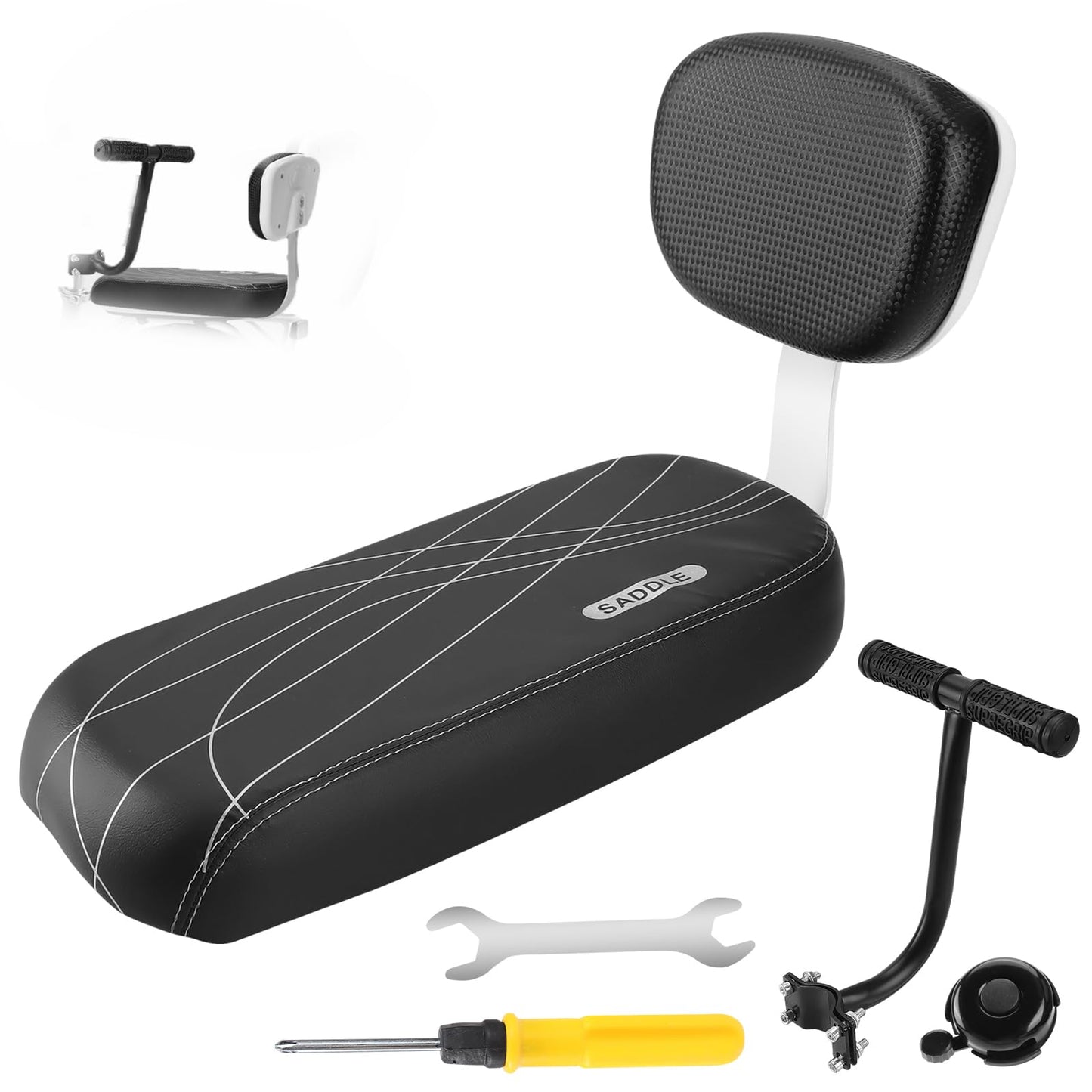 Shwsed Kids Bike Seat with Backrest, Child Bicycle Rear Seat Cushion with Safety Armrest, PU Leather Soft Padded Passenger Saddl