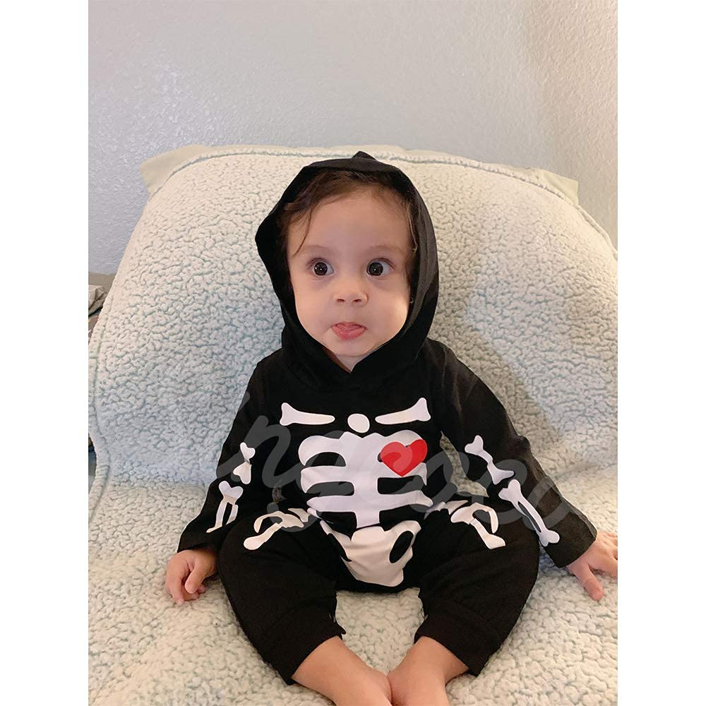 Singcoco Halloween Baby Boys Girls Skull Skeleton Costume Romper With Hat (Black, 12-18 Months)