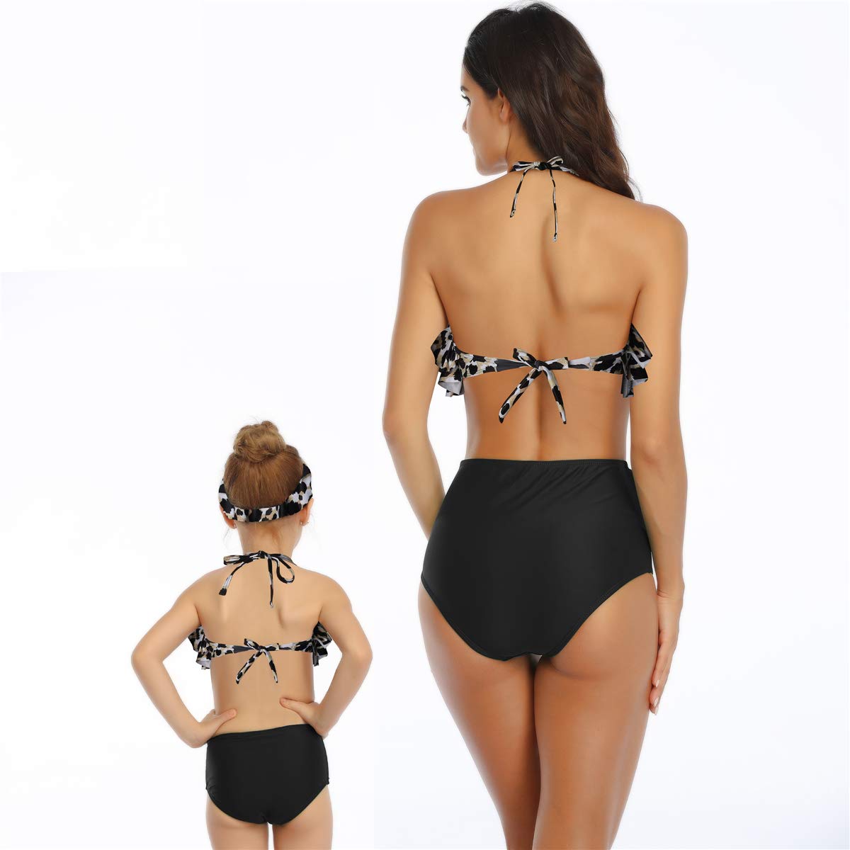 2Pcs Mommy And Me Matching Family Swimsuit Ruffle Women Swimwear Kids Children Toddler Bikini Bathing Suit Beachwear Sets (Leopa