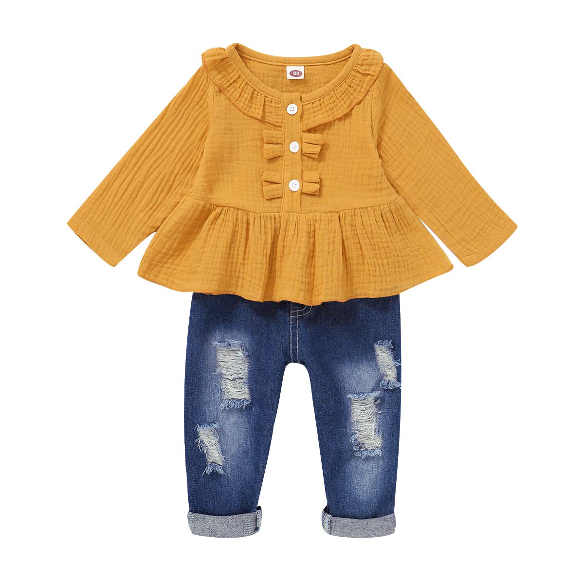 Baby Girl Clothes Outfits Ruffle Long Sleeve Shirt Ripped Denim Jeans Pants Infant Fall Winter Baby Clothes Girl 6-12 Months Yel