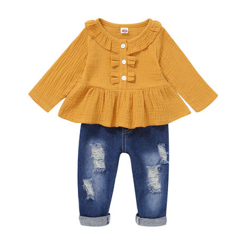 2T Girls Clothes Kids Toddler Girl Outfits Linen Long Sleeve Ruffle Shirt Blue Ripped Denim Jeans Winter Pants Set Cute 2 3Yr Ol