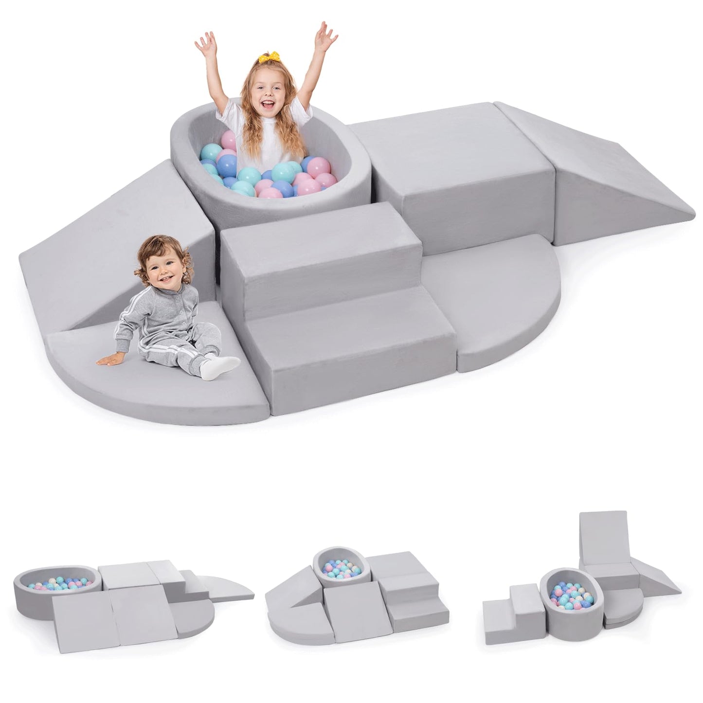 Rinnebbit 7-Piece Foam Climbing Blocks For Toddlers, Baby Climb And Crawl Soft Play Set With Ball Pit, Machine Washable Cover, I