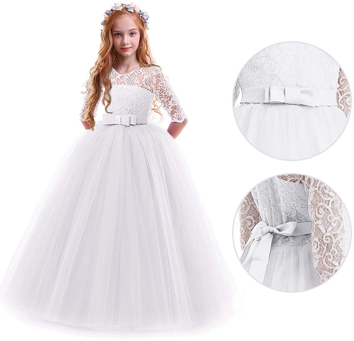 Flower Girls Dresses Vintage Lace Princess Long Dress Kids 3/4 Sleeve Wedding Pageant Tulle Bridesmaid Dress Christening Baptism