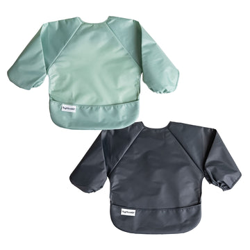 Tiny Twinkle Mess Proof Baby Bib, 2 Pack Long Sleeve Bib Outfit, Waterproof Bibs For Toddlers, Machine Washable, Tug Proof (Sage