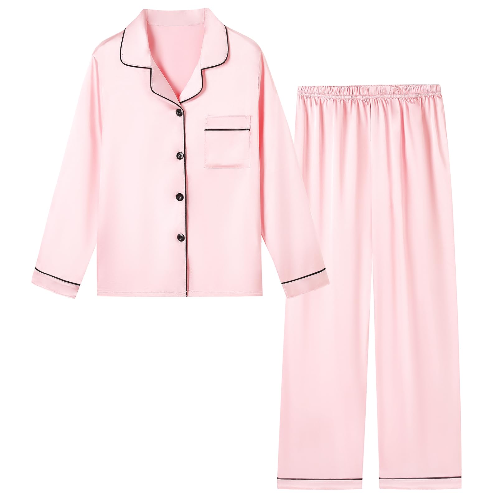 Schbbbta Girls & Women Pajamas Set, 2 Piece Satin Silky Pjs ButtonDown Kids Sleepwear, 3 Years  XXLarge, Bright Pink, 910 Ye