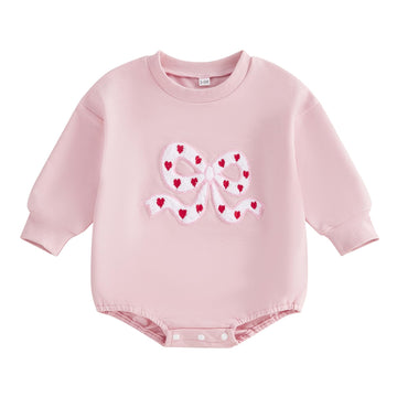 Fiomva Baby Girl Valentines Day Outfit Newborn Bow Heart Bubble Romper Infant Oversized Sweatshirt Spring Fall Clothes (F Bow He