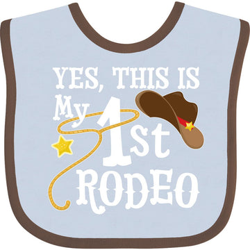 Inktastic Yes, This Is My 1St Rodeo- Cowboy Hat With Red Band, Lasso Baby Bib Blue And Chocolate 35612