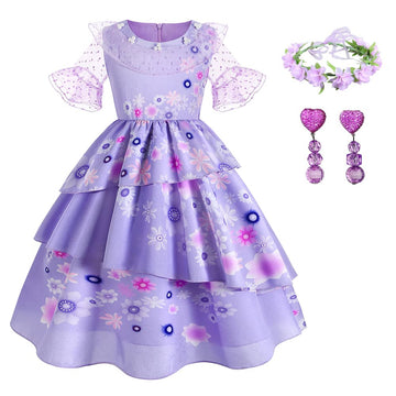 Yipkorra Encanto Mirabel Costume For Girls Cosplay Isabella Outfit Princess Halloween Dress Up With Earrings (Isabela B, 9-10 Ye