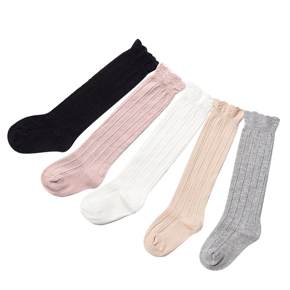 Epeius 5 Pair Pack Baby Girls Boys Uniform Knee High Socks Tube Ruffled Stockings Infants And Toddlers For 12-36 Months,Black Wh