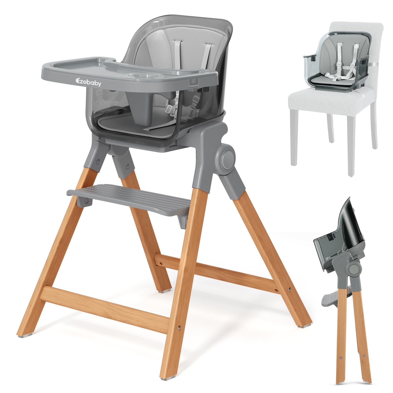 Ezebaby Foldable Wooden High Chairs, 3-in-1 Convertible Baby High Chair, Dining Booster Seat, Toddler Chair, Easy Clean High Cha
