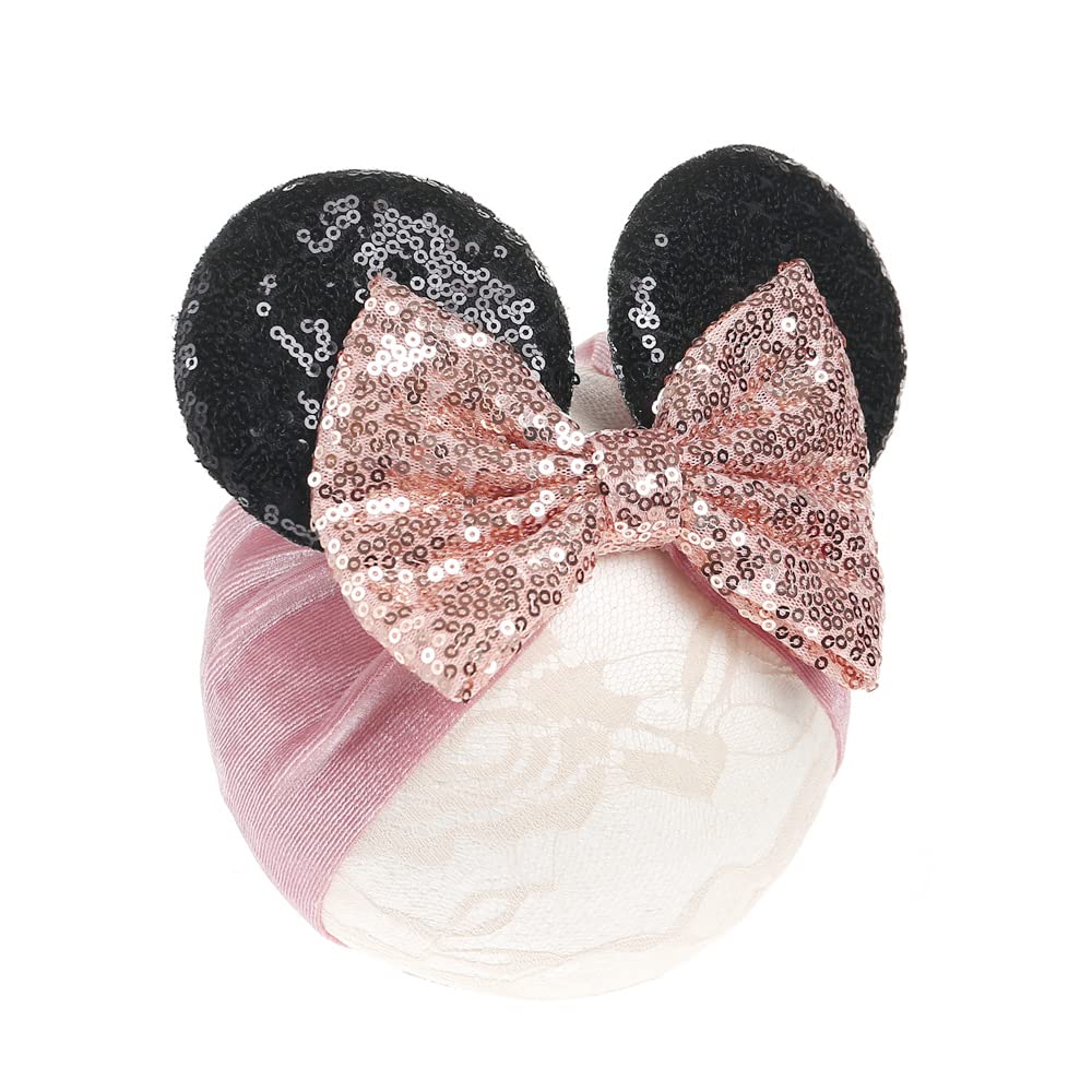 Jiahang Baby Girl Mouse Ears Turban Headwrap With Sequin Bows, Wide Velvet Hairband, Hair Bow Headband For Newborn Toddler, Kids