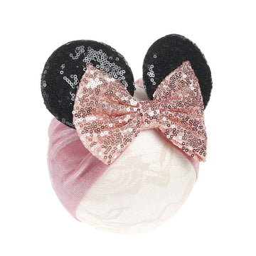Jiahang Baby Girl Mouse Ears Turban Headwrap With Sequin Bows, Wide Velvet Hairband, Hair Bow Headband For Newborn Toddler, Kids