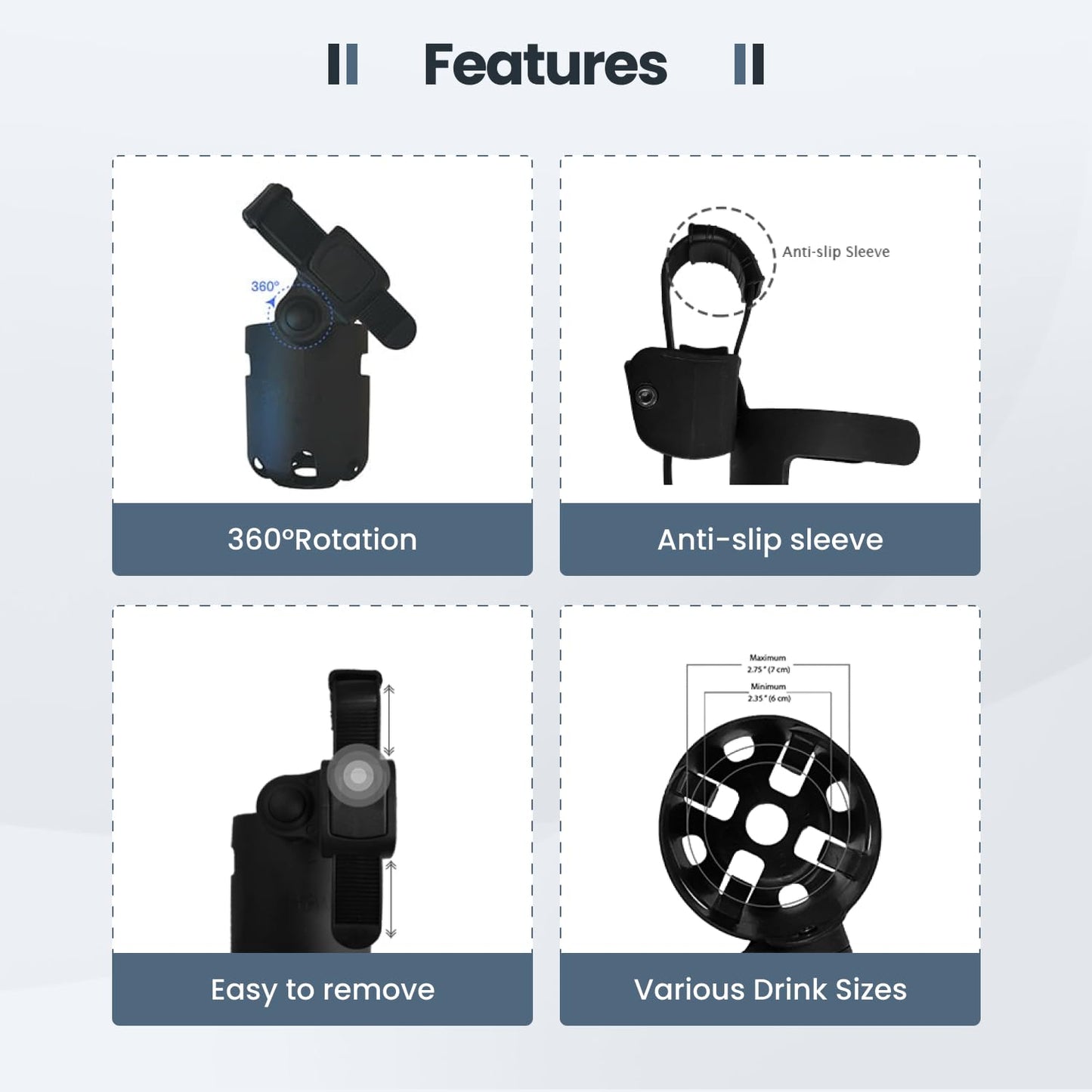 Guzzie+Guss Universal Cup Holder For Strollers, Wheelchairs, Mobility Walkers, Bikes, Camping Chairs - Easy Installation - Anti-