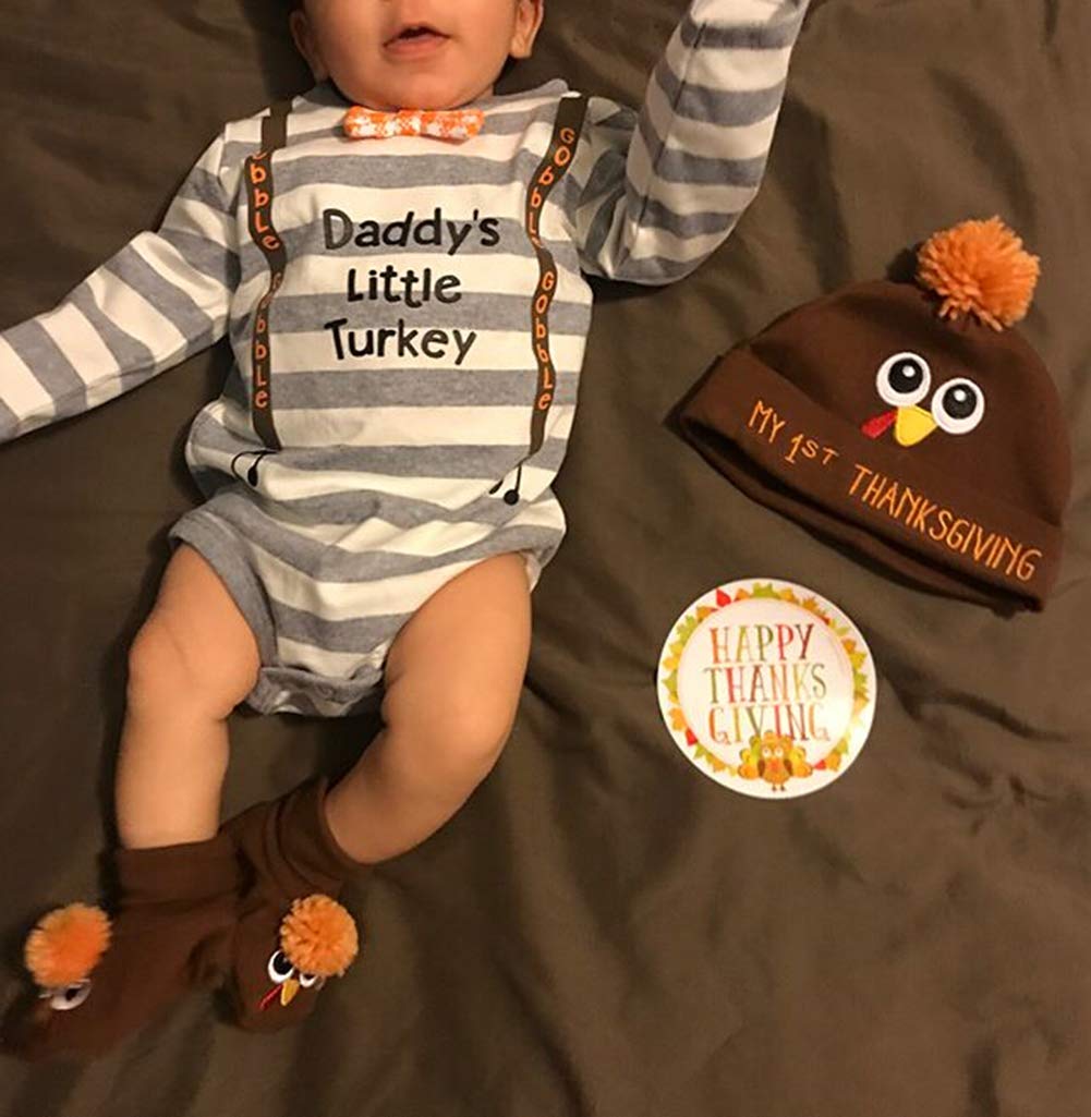 Zaxarra Baby Boy Girl Thanksgiving Outfit Long Sleeve Letter Romper + Hat + Turkey Crib Shoes 3Pcs Clothes Set (12-18 Months, St